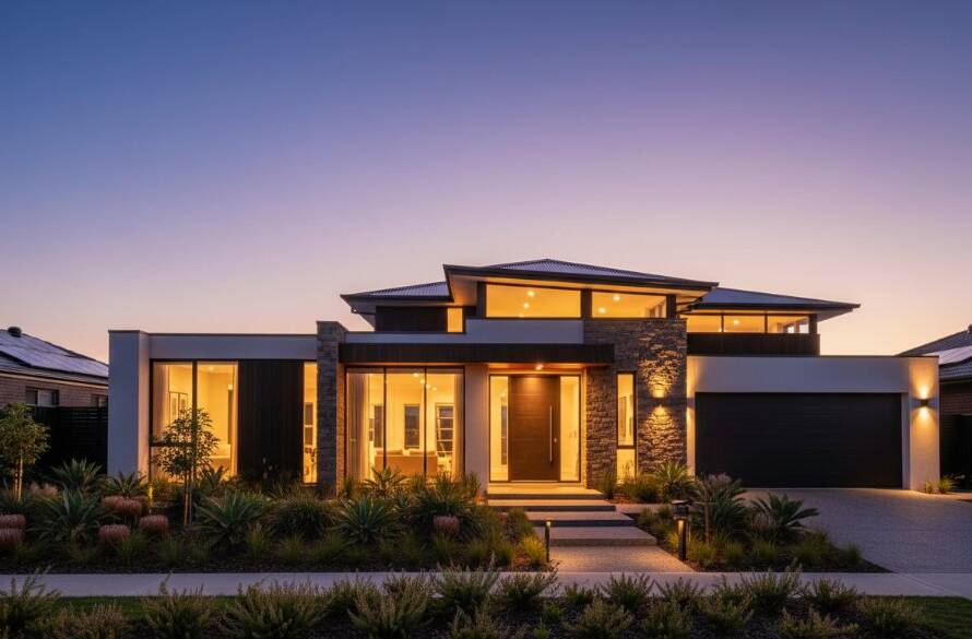 An awe-inspiring wide-angle shot capturing the essence of Knoxfield real estate photography vibrant property showcasing, featuring a modern home at twilight with warm interior lights glowing, framed by lush Australian native gardens, professionally colour-graded for a cinematic feel.