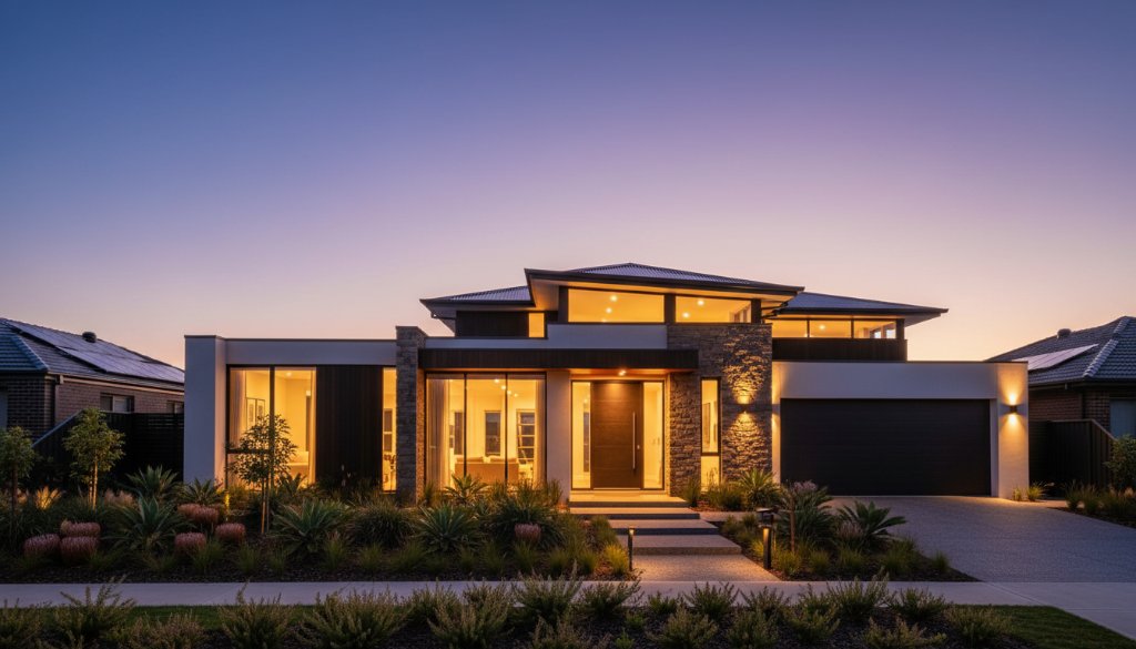 An awe-inspiring wide-angle shot capturing the essence of Knoxfield real estate photography vibrant property showcasing, featuring a modern home at twilight with warm interior lights glowing, framed by lush Australian native gardens, professionally colour-graded for a cinematic feel.