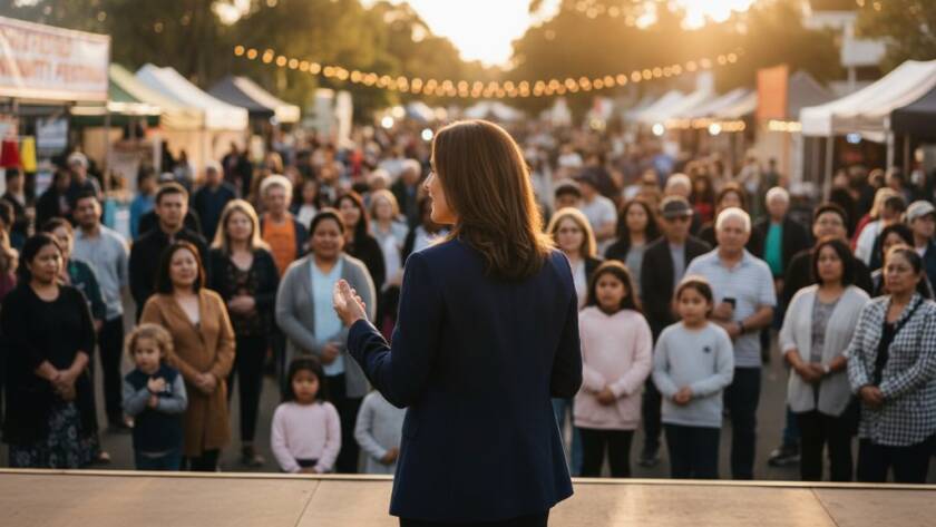 Dynamic editorial photograph capturing a local community leader passionately engaging with residents at a vibrant outdoor market in Knoxfield, Victoria, embodying the spirit of Knoxfield Victoria authentic editorial photography stories, with dramatic natural light highlighting their interaction and the bustling atmosphere.