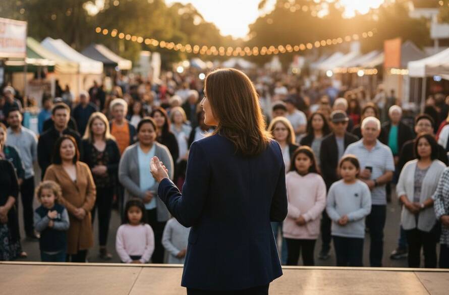 Dynamic editorial photograph capturing a local community leader passionately engaging with residents at a vibrant outdoor market in Knoxfield, Victoria, embodying the spirit of Knoxfield Victoria authentic editorial photography stories, with dramatic natural light highlighting their interaction and the bustling atmosphere.
