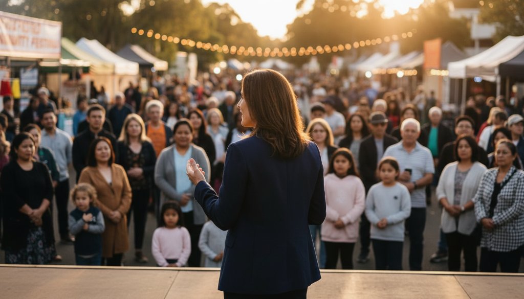 Dynamic editorial photograph capturing a local community leader passionately engaging with residents at a vibrant outdoor market in Knoxfield, Victoria, embodying the spirit of Knoxfield Victoria authentic editorial photography stories, with dramatic natural light highlighting their interaction and the bustling atmosphere.