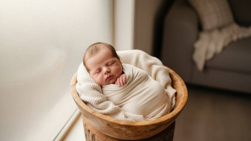 A serene and heartwarming close-up of a sleeping newborn baby, gently swaddled in soft white fabric, bathed in warm, ethereal window light, creating beautiful Knoxfield Victoria baby photography memories with a timeless, artistic feel. The baby's tiny hand is delicately placed near their chin, showcasing innocence and peace.