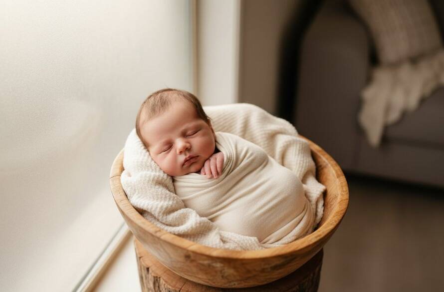 A serene and heartwarming close-up of a sleeping newborn baby, gently swaddled in soft white fabric, bathed in warm, ethereal window light, creating beautiful Knoxfield Victoria baby photography memories with a timeless, artistic feel. The baby's tiny hand is delicately placed near their chin, showcasing innocence and peace.