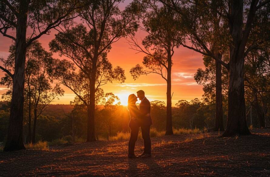 A couple embraces tenderly at sunset amidst the golden light of the Knoxfield scenic bushland, capturing their knoxfield victoria engagement photos scenic bushland moment with dramatic flair and professional colour grading.