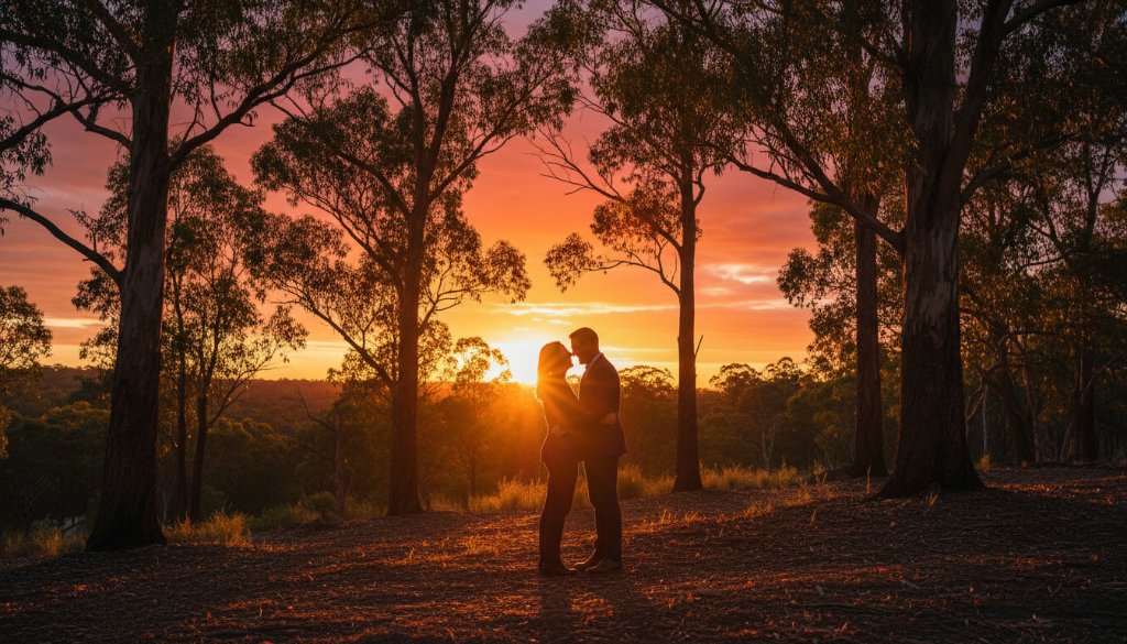 A couple embraces tenderly at sunset amidst the golden light of the Knoxfield scenic bushland, capturing their knoxfield victoria engagement photos scenic bushland moment with dramatic flair and professional colour grading.