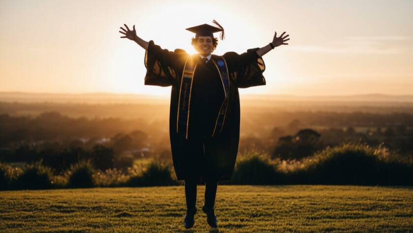 A jubilant graduate, cap mid-air, silhouetted against a golden sunset over Knoxfield, Victoria, symbolising their academic achievement during their Knoxfield Victoria graduation photography celebrations.