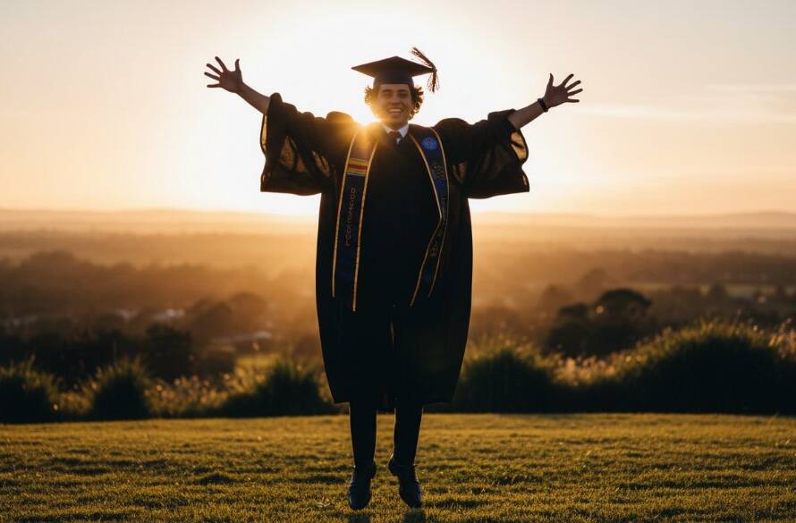 A jubilant graduate, cap mid-air, silhouetted against a golden sunset over Knoxfield, Victoria, symbolising their academic achievement during their Knoxfield Victoria graduation photography celebrations.