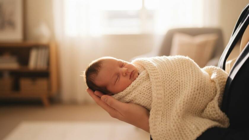 An epic moment captured in Knoxfield Victoria newborn photography heartwarming home sessions, featuring a sleeping newborn baby wrapped in a soft grey blanket, nestled safely in a parent's gentle hands, with soft, warm window light illuminating their delicate features against a subtly blurred, cozy home background, conveying profound love and tenderness.