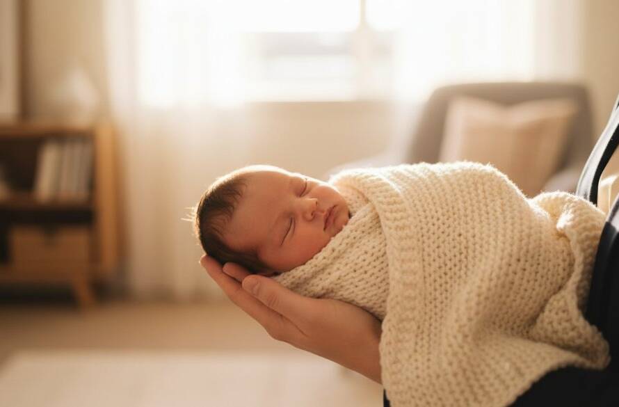 An epic moment captured in Knoxfield Victoria newborn photography heartwarming home sessions, featuring a sleeping newborn baby wrapped in a soft grey blanket, nestled safely in a parent's gentle hands, with soft, warm window light illuminating their delicate features against a subtly blurred, cozy home background, conveying profound love and tenderness.