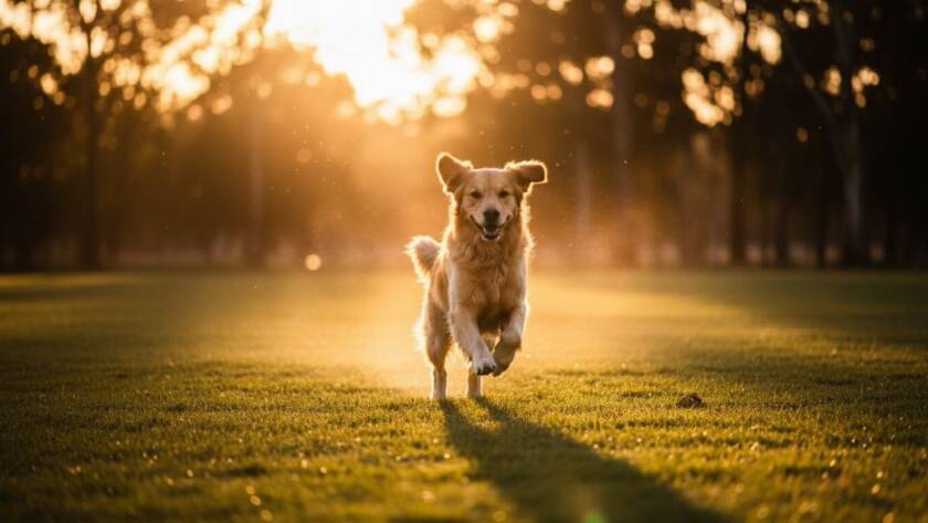 A heartwarming, professionally color-graded photograph capturing an epic moment of a golden retriever and its owner sharing a tender embrace in a sun-dappled park in Knoxfield, Victoria. The scene exemplifies Knoxfield Victoria pet photography capturing unique bonds, with dramatic backlighting and a joyful, emotional connection visible.