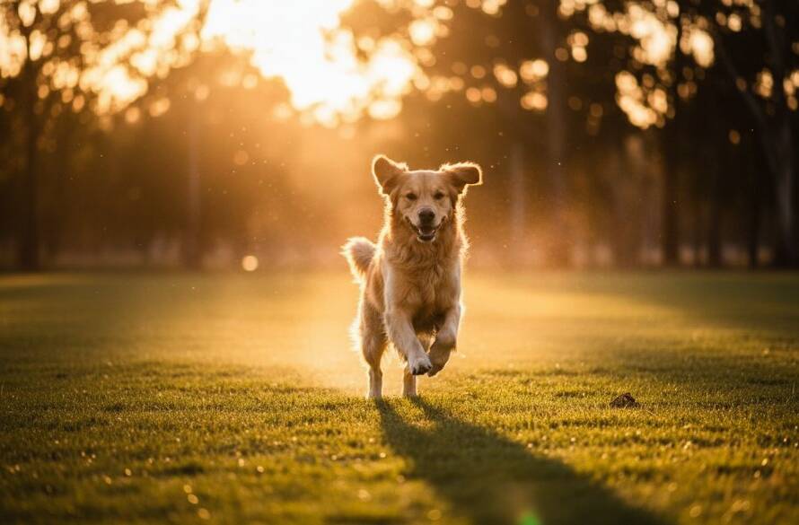 A heartwarming, professionally color-graded photograph capturing an epic moment of a golden retriever and its owner sharing a tender embrace in a sun-dappled park in Knoxfield, Victoria. The scene exemplifies Knoxfield Victoria pet photography capturing unique bonds, with dramatic backlighting and a joyful, emotional connection visible.