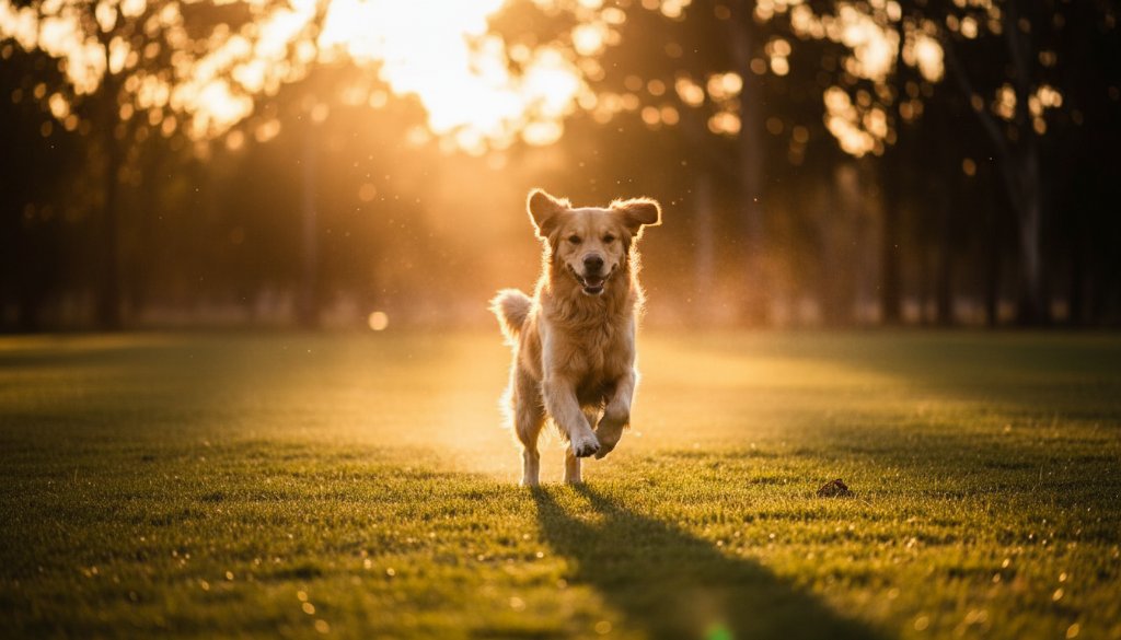 A heartwarming, professionally color-graded photograph capturing an epic moment of a golden retriever and its owner sharing a tender embrace in a sun-dappled park in Knoxfield, Victoria. The scene exemplifies Knoxfield Victoria pet photography capturing unique bonds, with dramatic backlighting and a joyful, emotional connection visible.