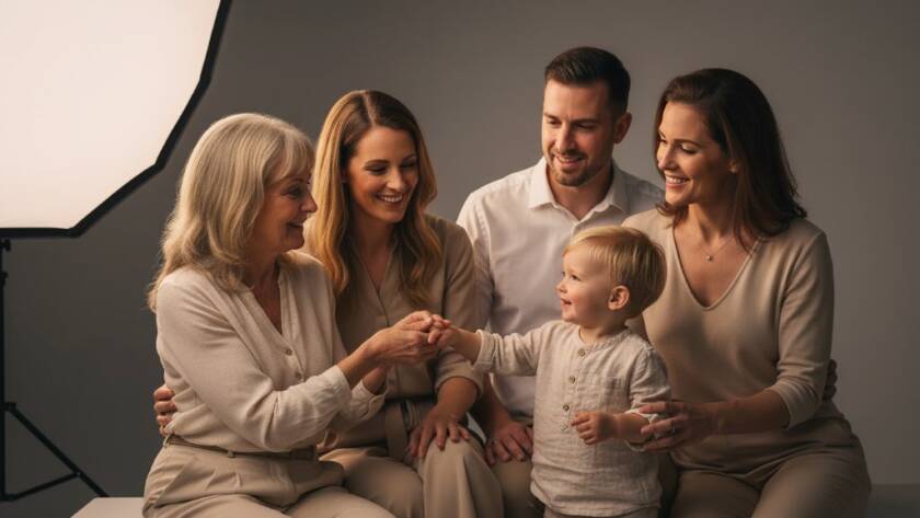 A heartwarming, professionally lit studio portrait capturing a joyous family moment, showcasing the expertise of Knoxfield Victoria Studio Photography for Cherished Family Portraits. A toddler laughs as parents embrace in a tender scene.