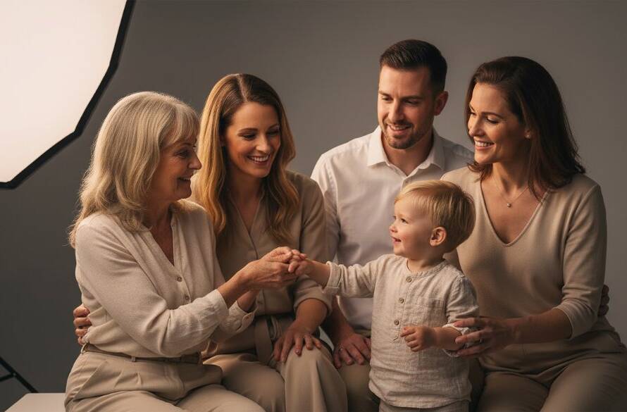 A heartwarming, professionally lit studio portrait capturing a joyous family moment, showcasing the expertise of Knoxfield Victoria Studio Photography for Cherished Family Portraits. A toddler laughs as parents embrace in a tender scene.