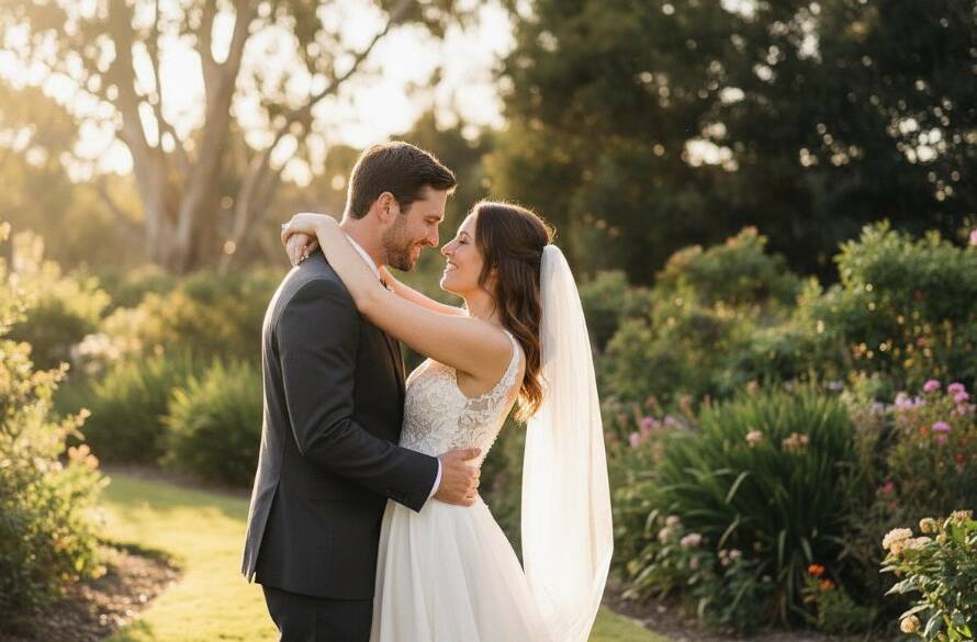Knoxfield Victoria wedding photography for intimate garden ceremonies, capturing a couple's joyful embrace under a canopy of lush greenery, bathed in soft golden hour light, after their intimate outdoor ceremony, showcasing a truly epic moment.