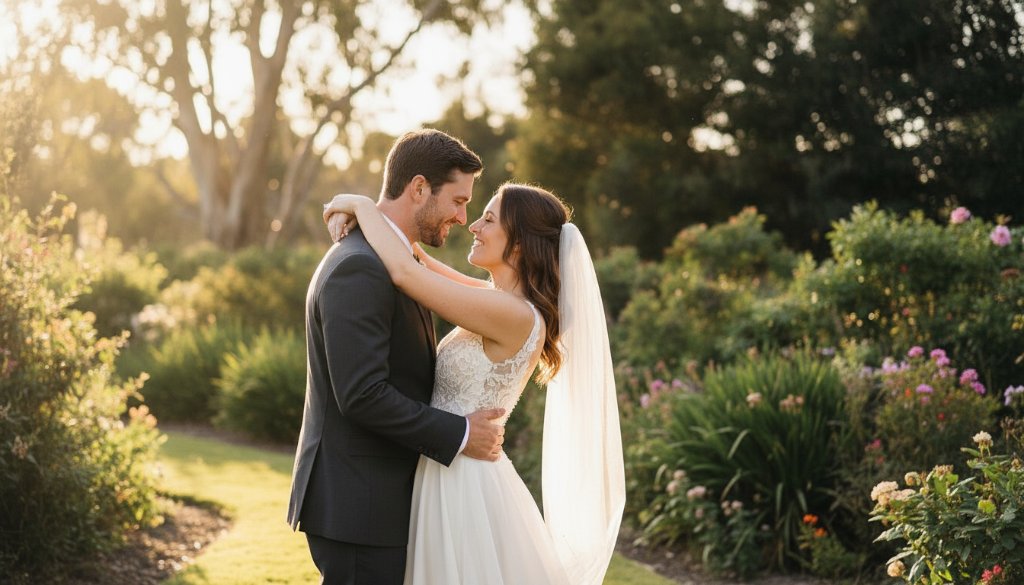 Knoxfield Victoria wedding photography for intimate garden ceremonies, capturing a couple's joyful embrace under a canopy of lush greenery, bathed in soft golden hour light, after their intimate outdoor ceremony, showcasing a truly epic moment.