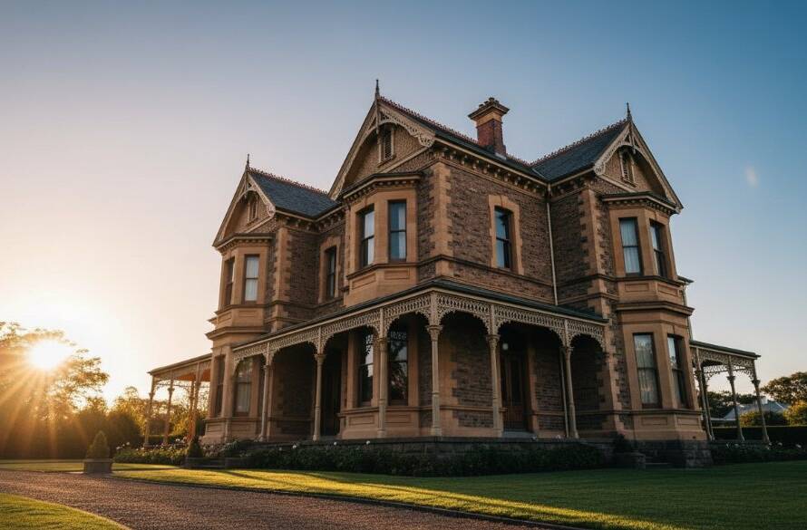 An epic sunset shot highlighting the intricate iron lacework and grand facade of a beautifully restored Victorian heritage building in Knoxfield, bathed in golden hour light, capturing the essence of Knoxfield Victorian heritage architecture photography.