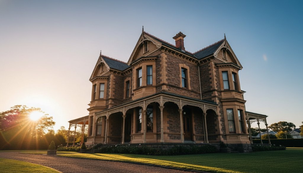 An epic sunset shot highlighting the intricate iron lacework and grand facade of a beautifully restored Victorian heritage building in Knoxfield, bathed in golden hour light, capturing the essence of Knoxfield Victorian heritage architecture photography.