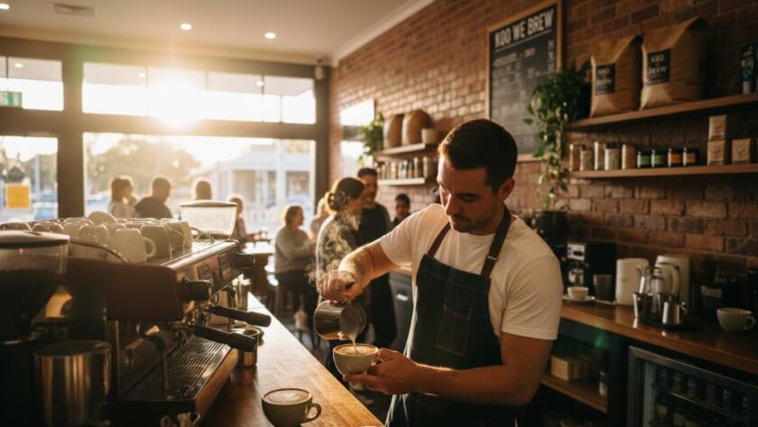 An epic, high-angle shot of a vibrant local cafe in Koo Wee Rup, featuring a barista expertly crafting coffee with steam rising dramatically, highlighting the essence of Koo Wee Rup Commercial Photography for Local Businesses, bathed in golden hour light.
