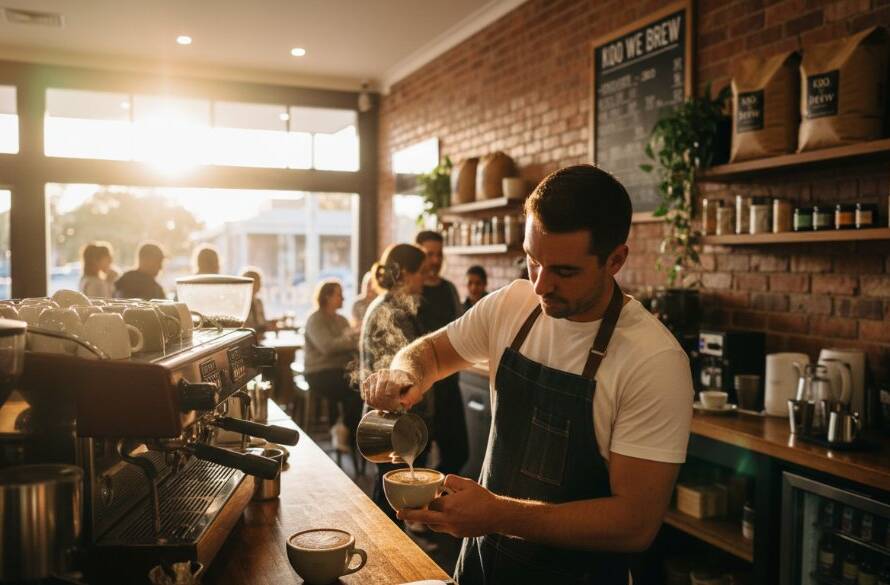 An epic, high-angle shot of a vibrant local cafe in Koo Wee Rup, featuring a barista expertly crafting coffee with steam rising dramatically, highlighting the essence of Koo Wee Rup Commercial Photography for Local Businesses, bathed in golden hour light.