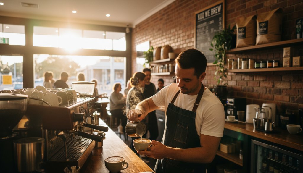 An epic, high-angle shot of a vibrant local cafe in Koo Wee Rup, featuring a barista expertly crafting coffee with steam rising dramatically, highlighting the essence of Koo Wee Rup Commercial Photography for Local Businesses, bathed in golden hour light.