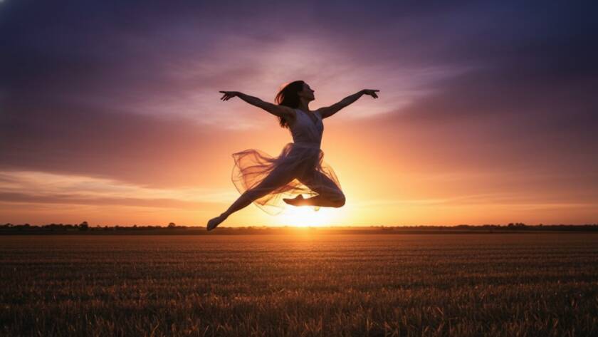 A breathtaking wide shot of a contemporary dancer performing an impressive mid-air arabesque jump against the soft, golden light of a Koo Wee Rup sunset over expansive farmlands, perfectly encapsulating Koo Wee Rup contemporary dance photography.