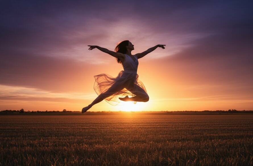 A breathtaking wide shot of a contemporary dancer performing an impressive mid-air arabesque jump against the soft, golden light of a Koo Wee Rup sunset over expansive farmlands, perfectly encapsulating Koo Wee Rup contemporary dance photography.