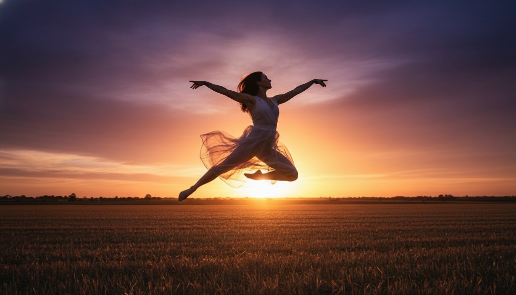 A breathtaking wide shot of a contemporary dancer performing an impressive mid-air arabesque jump against the soft, golden light of a Koo Wee Rup sunset over expansive farmlands, perfectly encapsulating Koo Wee Rup contemporary dance photography.
