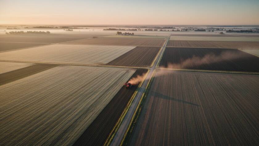 An awe-inspiring aerial photograph showcasing the vast, vibrant green fields and winding waterways of Koo Wee Rup at sunrise, captured with expert Koo Wee Rup drone photography, featuring dramatic golden light highlighting a lone farmhouse nestled amongst the landscape.