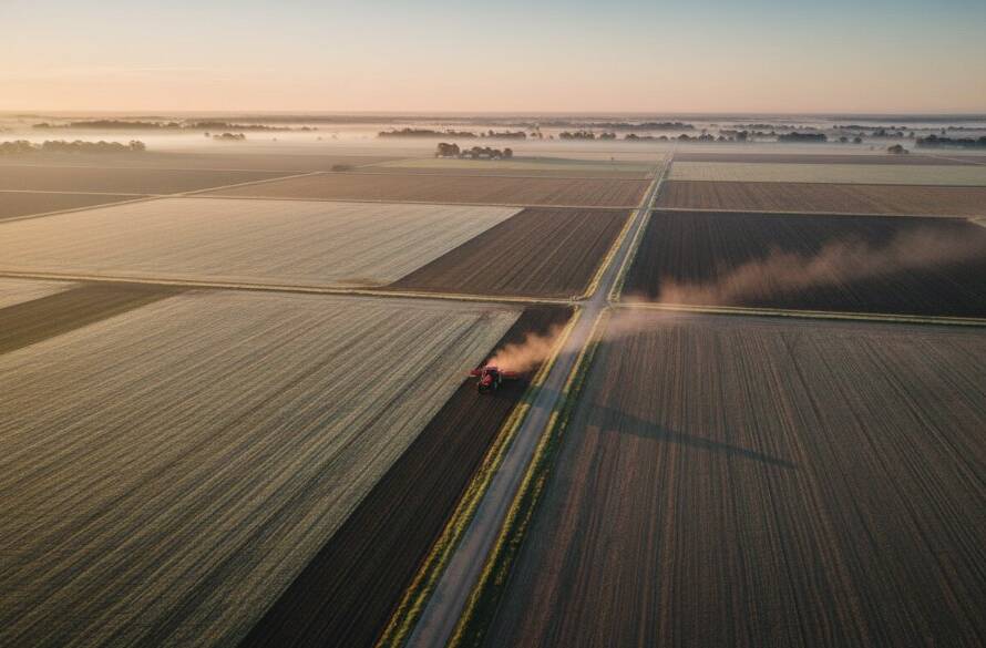 An awe-inspiring aerial photograph showcasing the vast, vibrant green fields and winding waterways of Koo Wee Rup at sunrise, captured with expert Koo Wee Rup drone photography, featuring dramatic golden light highlighting a lone farmhouse nestled amongst the landscape.