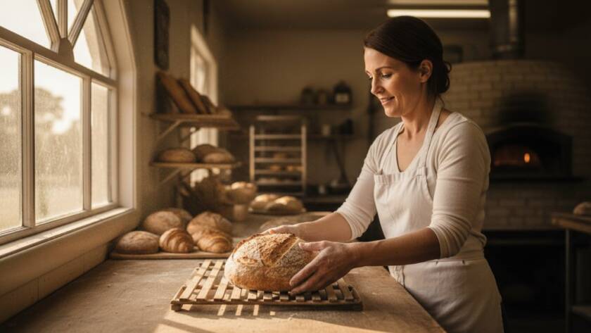 An inspiring shot for Koo Wee Rup editorial photography for local businesses, featuring a local artisanal baker proudly presenting a freshly baked pie in their sunlit Koo Wee Rup shop, capturing the essence of their craft with dramatic light and shadow.