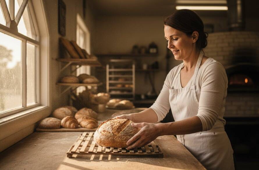 An inspiring shot for Koo Wee Rup editorial photography for local businesses, featuring a local artisanal baker proudly presenting a freshly baked pie in their sunlit Koo Wee Rup shop, capturing the essence of their craft with dramatic light and shadow.