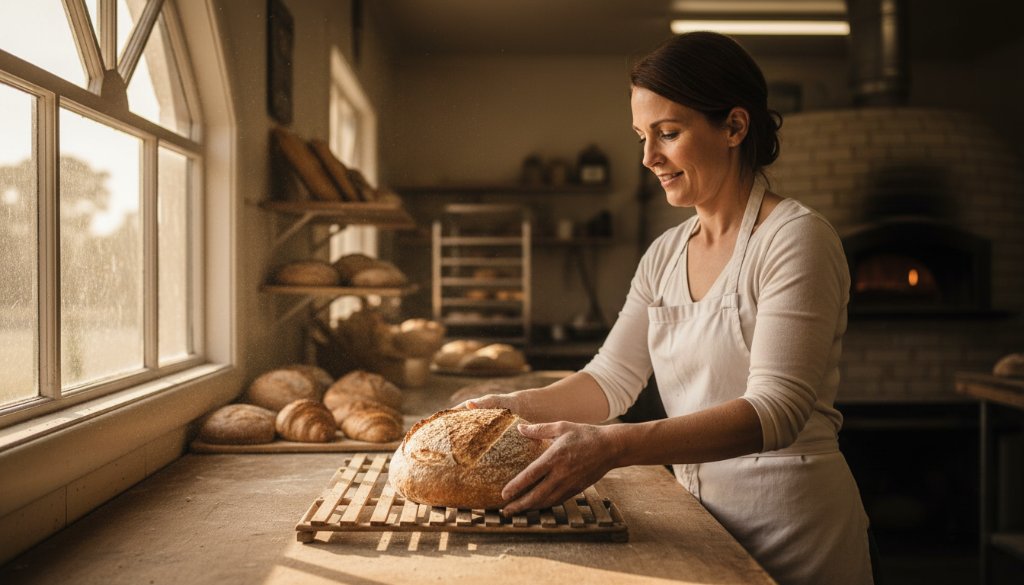 An inspiring shot for Koo Wee Rup editorial photography for local businesses, featuring a local artisanal baker proudly presenting a freshly baked pie in their sunlit Koo Wee Rup shop, capturing the essence of their craft with dramatic light and shadow.