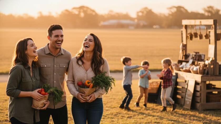 An ecstatic couple laughing and embracing under festive lights at an outdoor evening wedding reception in Koo Wee Rup, epitomising Koo Wee Rup event photography capturing genuine joy, with guests blurred in the background, professional, cinematic.