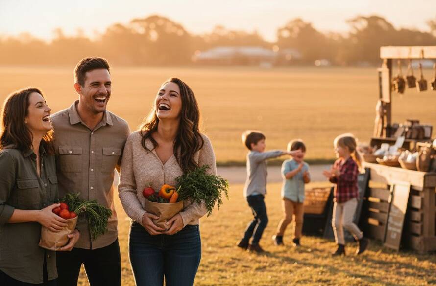 An ecstatic couple laughing and embracing under festive lights at an outdoor evening wedding reception in Koo Wee Rup, epitomising Koo Wee Rup event photography capturing genuine joy, with guests blurred in the background, professional, cinematic.