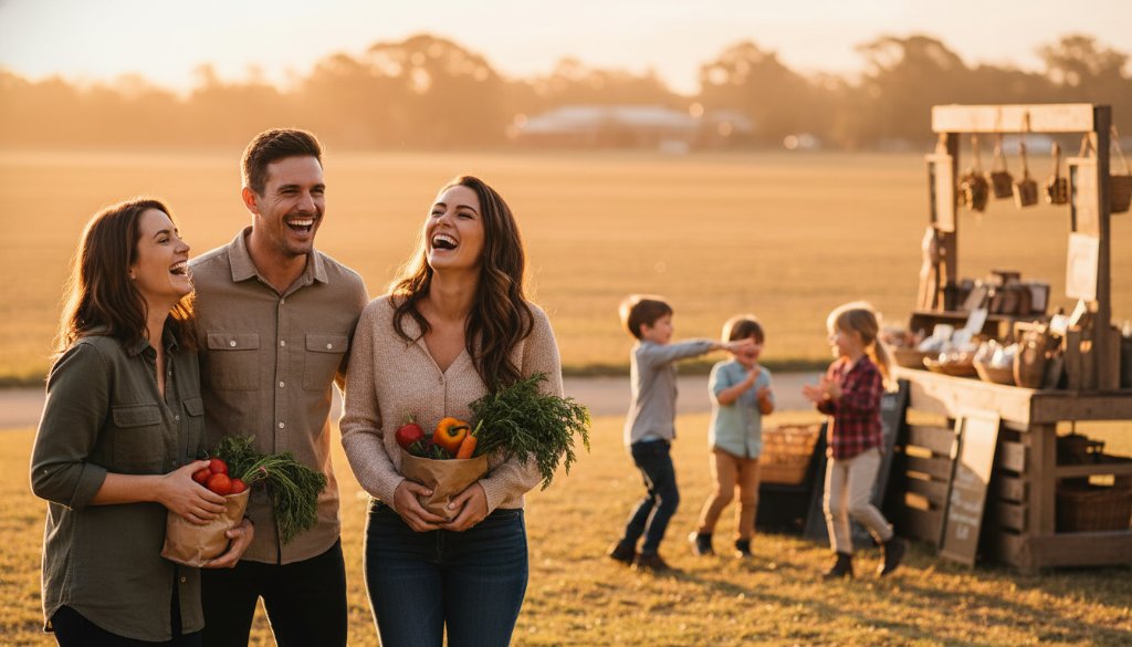 An ecstatic couple laughing and embracing under festive lights at an outdoor evening wedding reception in Koo Wee Rup, epitomising Koo Wee Rup event photography capturing genuine joy, with guests blurred in the background, professional, cinematic.