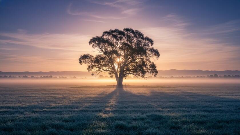A dramatic wide-angle shot showcasing Koo Wee Rup Fine Art Photography capturing serene rural Victoria, featuring a solitary old eucalyptus tree silhouetted against a vibrant sunset sky over expansive, misty paddocks, conveying a sense of timeless beauty and peaceful solitude.