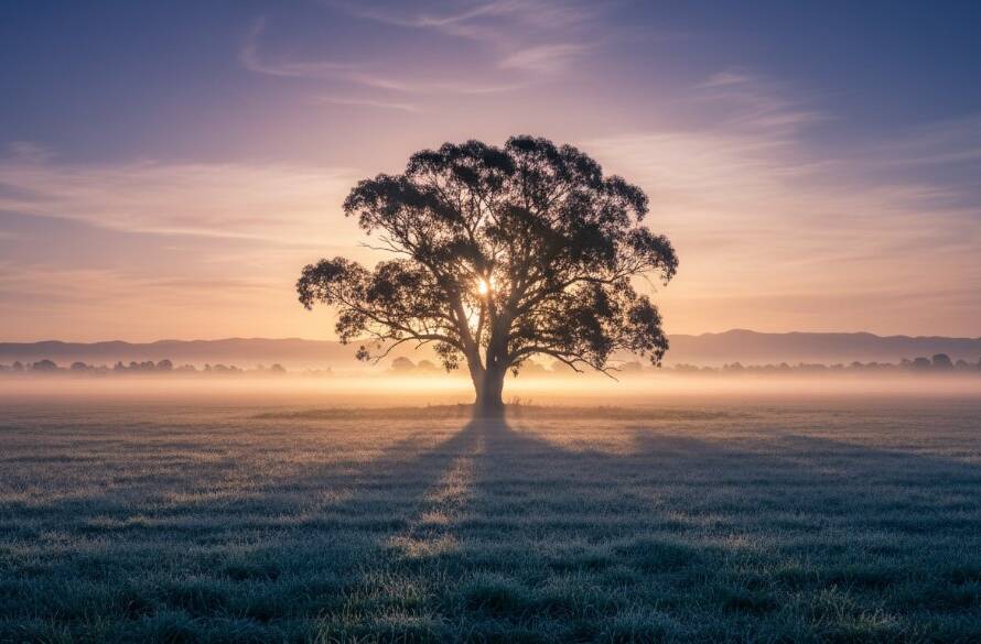A dramatic wide-angle shot showcasing Koo Wee Rup Fine Art Photography capturing serene rural Victoria, featuring a solitary old eucalyptus tree silhouetted against a vibrant sunset sky over expansive, misty paddocks, conveying a sense of timeless beauty and peaceful solitude.