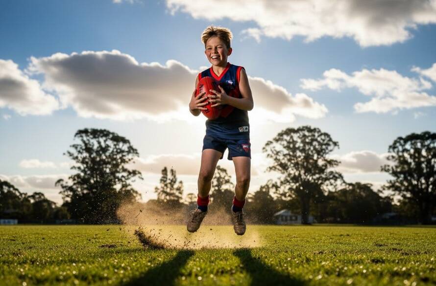 A young athlete in full sprint during a Koo Wee Rup junior football action photography session, captured with dramatic lighting and intense focus, showing determination on the field.