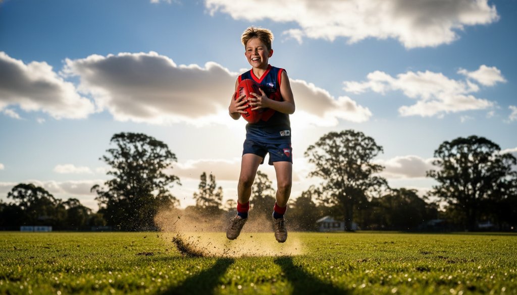 A young athlete in full sprint during a Koo Wee Rup junior football action photography session, captured with dramatic lighting and intense focus, showing determination on the field.