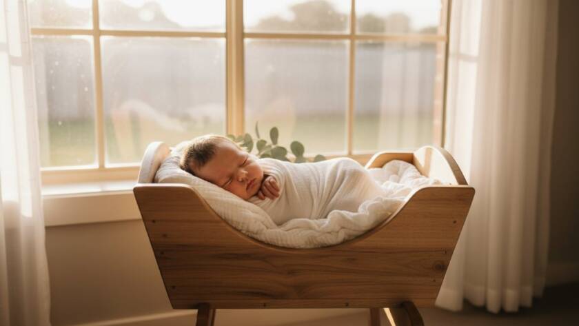 A tender, cinematic wide shot of a baby sleeping peacefully, nestled in a soft white blanket with warm, natural light streaming through a window in a Koo Wee Rup home, capturing the essence of Koo Wee Rup newborn photography artistic portraits. The baby's tiny hand is gently grasping a parent's finger, showcasing the delicate bond and family connection.