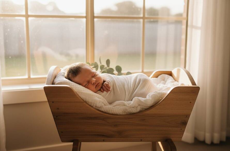 A tender, cinematic wide shot of a baby sleeping peacefully, nestled in a soft white blanket with warm, natural light streaming through a window in a Koo Wee Rup home, capturing the essence of Koo Wee Rup newborn photography artistic portraits. The baby's tiny hand is gently grasping a parent's finger, showcasing the delicate bond and family connection.