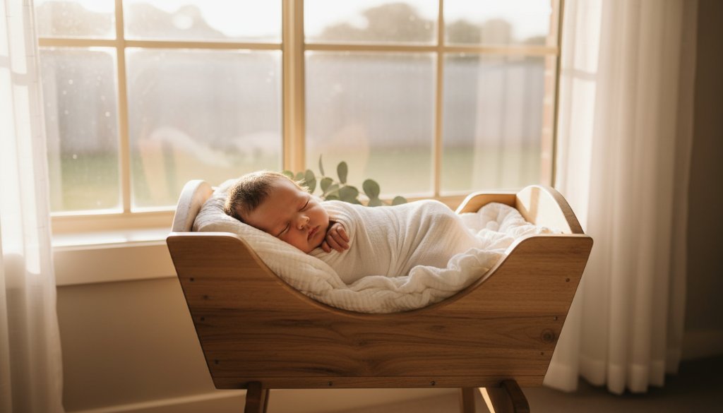 A tender, cinematic wide shot of a baby sleeping peacefully, nestled in a soft white blanket with warm, natural light streaming through a window in a Koo Wee Rup home, capturing the essence of Koo Wee Rup newborn photography artistic portraits. The baby's tiny hand is gently grasping a parent's finger, showcasing the delicate bond and family connection.