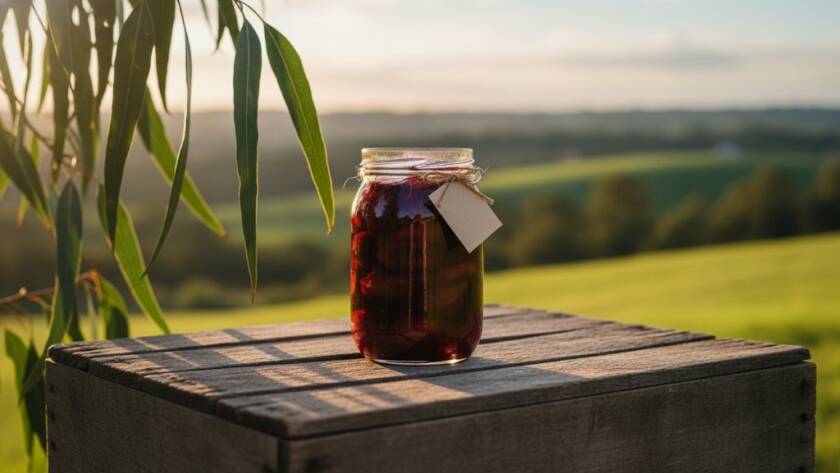 Dramatic wide-angle shot featuring a handcrafted artisan ceramic mug on a rustic wooden table, bathed in golden hour sunlight filtering through tall gum trees, with the rolling green hills of Koo Wee Rup in the background, showcasing expert Koo Wee Rup Product Photography for Local Artisans with cinematic quality.