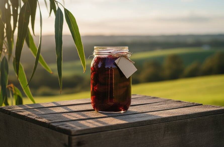 Dramatic wide-angle shot featuring a handcrafted artisan ceramic mug on a rustic wooden table, bathed in golden hour sunlight filtering through tall gum trees, with the rolling green hills of Koo Wee Rup in the background, showcasing expert Koo Wee Rup Product Photography for Local Artisans with cinematic quality.