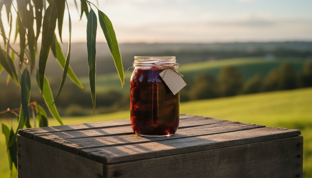 Dramatic wide-angle shot featuring a handcrafted artisan ceramic mug on a rustic wooden table, bathed in golden hour sunlight filtering through tall gum trees, with the rolling green hills of Koo Wee Rup in the background, showcasing expert Koo Wee Rup Product Photography for Local Artisans with cinematic quality.