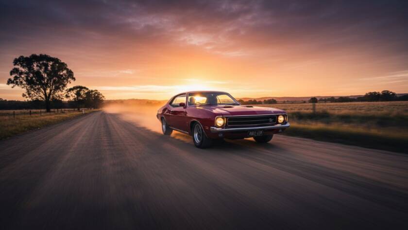 An epic moment of Koo Wee Rup rural automotive storytelling photography, featuring a vintage muscle car perfectly posed at sunset on a country road near Koo Wee Rup, golden hour light illuminating its sleek lines and the dusty Victorian landscape, evoking a powerful sense of freedom and adventure.