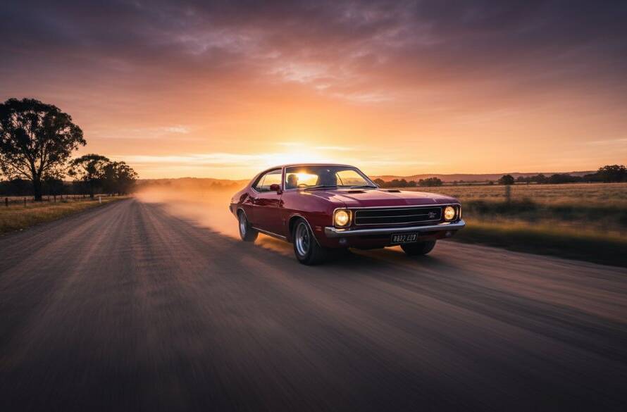 An epic moment of Koo Wee Rup rural automotive storytelling photography, featuring a vintage muscle car perfectly posed at sunset on a country road near Koo Wee Rup, golden hour light illuminating its sleek lines and the dusty Victorian landscape, evoking a powerful sense of freedom and adventure.