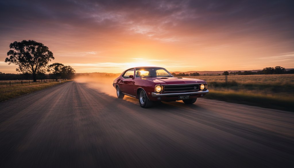 An epic moment of Koo Wee Rup rural automotive storytelling photography, featuring a vintage muscle car perfectly posed at sunset on a country road near Koo Wee Rup, golden hour light illuminating its sleek lines and the dusty Victorian landscape, evoking a powerful sense of freedom and adventure.