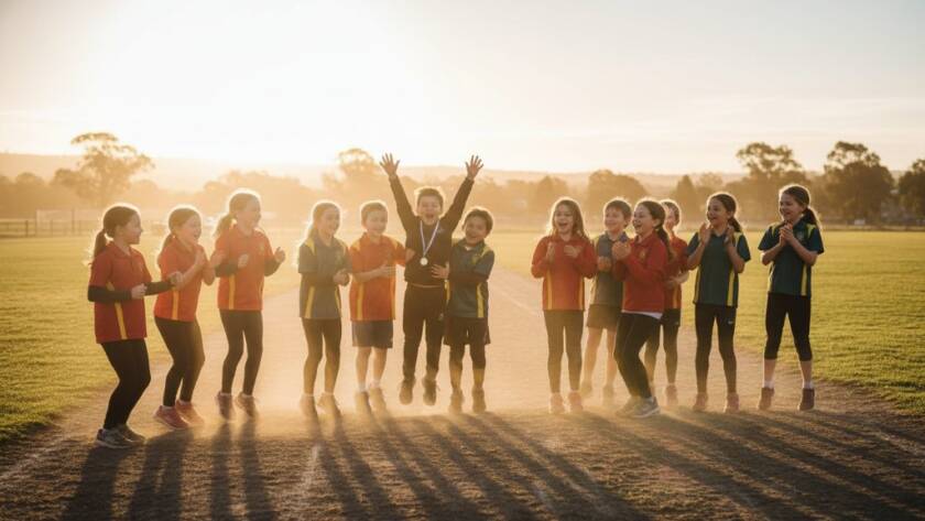 A vibrant and dramatic wide-angle shot of a group of excited primary school students in Koo Wee Rup, Victoria, celebrating a graduation ceremony on a sunny afternoon in front of a historic school building. The golden hour light dramatically backlights their joyous faces, highlighting the 'Koo Wee Rup school photography capturing authentic student milestones Victoria' theme. Professional colour grading with warm tones.